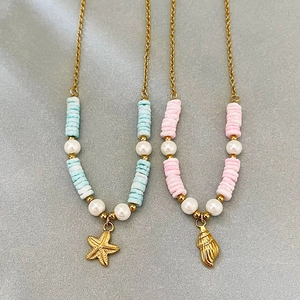 Collier en acier inoxydable doré 18k avec perles bleues, nacres et pendentif étoile de mer