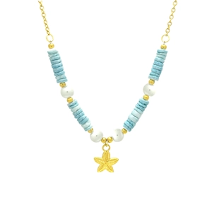 Collier en acier inoxydable doré avec pendentif étoile de mer, nacre bleue et perles