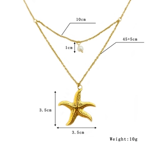 Starfish Pendant Necklace Double Layered Stainless Steel With White Faux Artificial Pearl Ocean Beach Style For Women