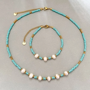 Handmade Beaded Necklace Bracelet Light Blue Seed Beads Irregular Freshwater Pearl Stainless Steel Gold Plated For Women