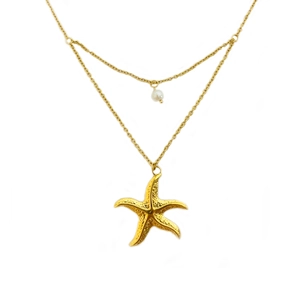 Double-layer gold starfish necklace with textured sea star and round white pearl pendant