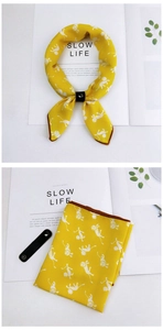 Yellow cotton linen square scarf with lion print and black leather buckle detail