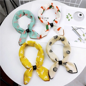 Women Fashion Small Square Scarf Cartoon Animal Geometric Print Satin Silk Feel Neckerchief With Leather Buckle Ring Casual Travel Neck Head Scarf