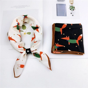 Chic cotton linen small square scarves set with cute cartoon fox print for women