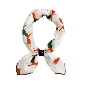 Chic ivory cotton-linen neckerchief with fox print and leather slide ring buckle