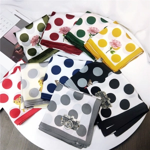 Women Polka Dot Square Scarf Satin Like Polyester Satin Floral Butterfly Print Headscarf Hair Band Bag Decor Elegant Retro