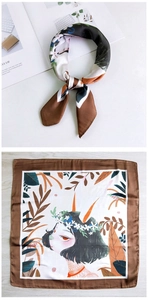 Flat and folded display of a cartoon girl portrait art silk square scarf for women