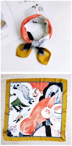 Artistic cartoon silk scarf detail with hand-drawn character print and yellow border