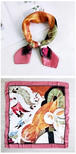 Artistic square silk scarf with vintage orange cartoon dinosaur illustration and pattern
