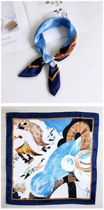 Artistic square silk scarf with abstract illustration and silky texture detail view