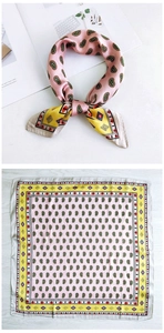 Detail of pink and yellow paisley silk-like square scarf with geometric borders