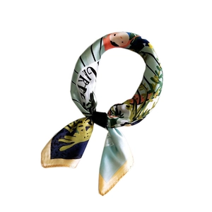 Cartoon fairy tale silk scarf with Garden print and floral patterns on white background