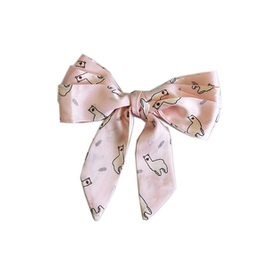Pink satin narrow scarf with cute cartoon alpaca print and long ribbon bow tie