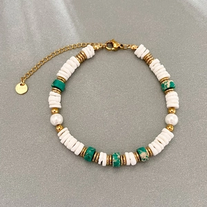 Bohemian Shell And Natural Stone Beaded Bracelet With Artificial Pearls Gold Plated Stainless Steel Summer Jewelry For Women