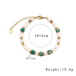 Bohemian beaded bracelet with green natural stone, white shell beads and 18k gold accents