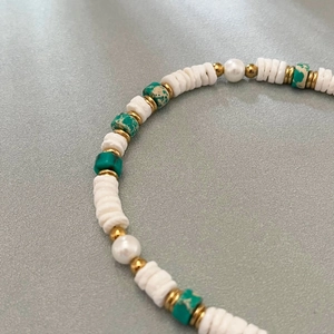 Summer beaded bracelet with green turquoise stone, shell beads and 18k gold accents
