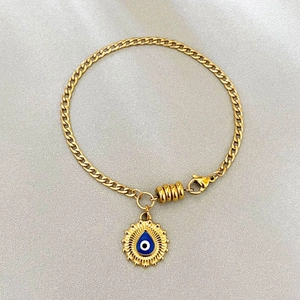 Bracelet Mauvais Œil Rétro Acier Titane Plaqué Or Pendentif Émail Chaîne Bohème Bijoux Pour Femmes