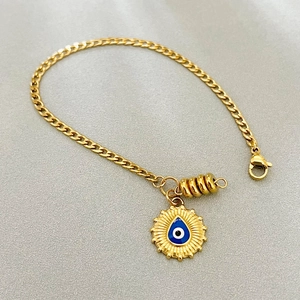 Bracelet œil bleu doré de style bohème avec chaîne en acier inoxydable poli et perles