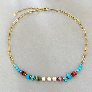 Collier Bohème En Acier Inoxydable Avec Pierres Naturelles Turquoise Et Künstliche Perles Bijoux Rétro Pour Femmes