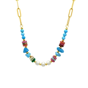 Collier chaîne trombone en acier avec pierres naturelles colorées et perles de style bohème