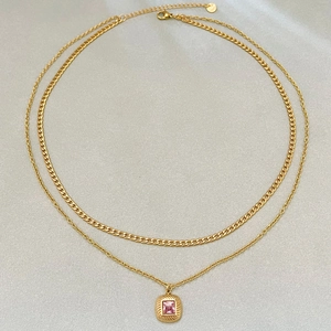 Double Layer Necklace Stainless Steel Gold Plated With Pink Square Zircon Pendant Clavicle Chain For Women