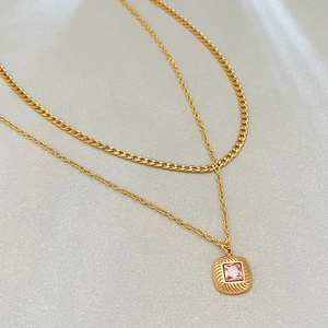 Double-layered gold necklace with pink zircon square pendant and flat curb chain