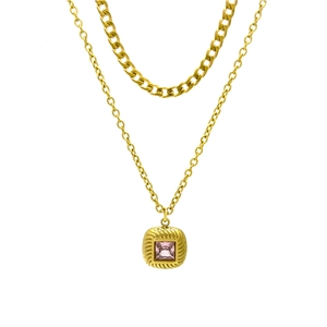 Double-layered golden necklace featuring a pink square zircon pendant on a sunburst base