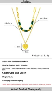 Détails du collier double cœur en acier doré avec perles turquoise et dimensions