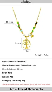 Details van levensboomketting van titaniumstaal met afmetingen 1,9x3,5 cm en 45+5 cm kettinglengte