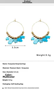 Detail view of bohemian gold hoop earrings with irregular blue stone beads, 3.5cm diameter