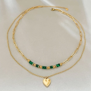 Collier Double Couche En Acier Titane Perles Turquoise Pendentif Cœur Plaqué Or Bijoux De Luxe Vintage Pour Femmes