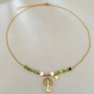 Levensboom Hanger Ketting Vrouwen Roestvrij Staal 18K Verguld Kattenoog Steen Kunstparel Gekleurde Kralen Ster Bedeltje