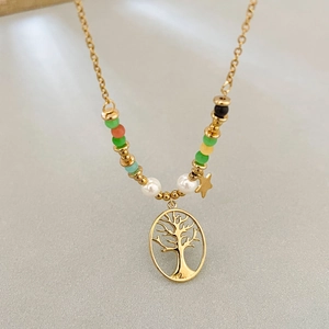 18K vergulde levensboom ketting met kleurrijke kralen en witte parels aan O-ketting