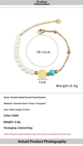 Details zum Armband aus 18K vergoldetem Edelstahl mit Perlen, Türkis und 16+5cm Maßen
