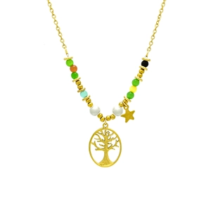 Gouden titanium stalen levensboom ketting met kleurrijke kralen en ster hanger