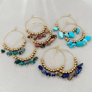 Bohemian Natural Crushed Stone Hoop Earrings For Women Stainless Steel Gold Beads Geometric Irregular Ethnic Style
