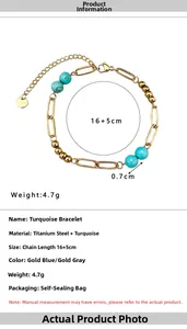 Detail view of turquoise beaded bracelet with 18k gold-plated paperclip chain and S.Steel tag