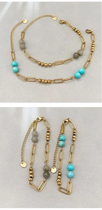 Detail of 18k gold plated stainless steel paperclip chain bracelet with turquoise beads