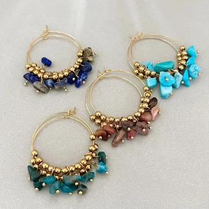 Bohemian gold hoop earrings with irregular natural stone beads in four colors