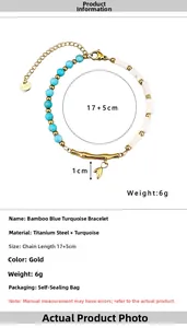 Detailed view of turquoise bamboo bracelet showing 17+5cm size measurements and gold plating