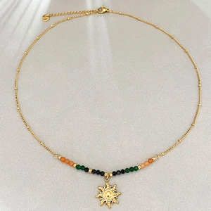 Bohemian 18K gold plated stainless steel sun pendant necklace with multi-color beads
