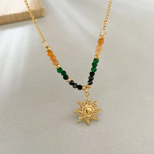 Bohemian sun pendant necklace with colorful beads on gold stainless steel chain