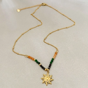 18K gold plated stainless steel sun pendant necklace with colorful faceted stone beads