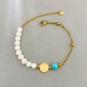 Edelstahl Armband Damen Mit Künstliche Perlen Und Türkis Religiöse Medaille St Benedikt Anhänger Verstellbare Kette Schmuck