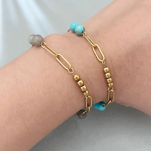 Bohemian Stainless Steel Bracelet With Turquoise Natural Stone Beads Paperclip Chain 18K Gold Plated Vintage Jewelry For Women