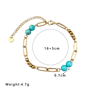 Bohemian 18k gold plated paperclip chain bracelet with blue turquoise beads and extension