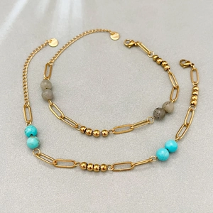 Bohemian 18k gold paperclip chain bracelet with turquoise and marble beads for women