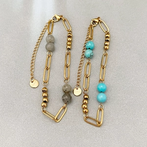 Bohemian 18k gold plated paperclip chain bracelets with turquoise and grey gemstone beads