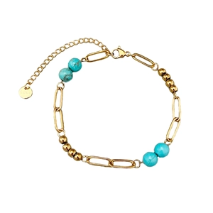 Bohemian 18k gold paperclip chain bracelet with turquoise beads and adjustable clasp