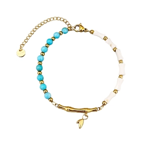 Vintage asymmetric bracelet with turquoise beads and golden bamboo steel elements